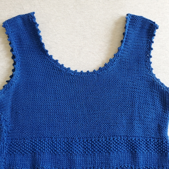 Vintage knit crochet top blue cotton cutout tank scoop neck sleeveless boho S M - Picture 5 of 16